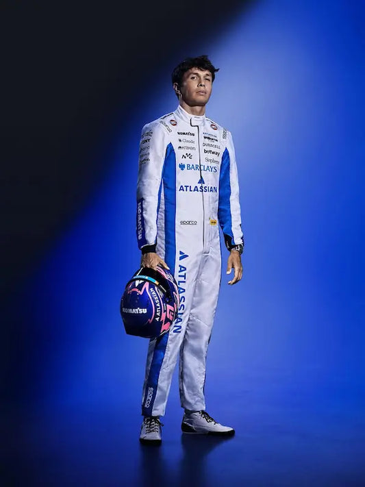 Front view of Alexander Albon Atlassian Williams 2026 replica suit with full team branding