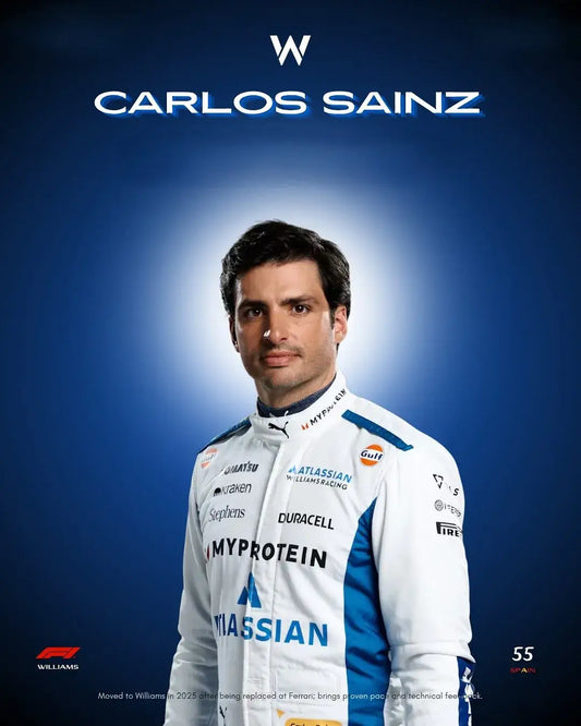 Carlos Sainz wearing the 2025 Williams F1 racing suit, standing confidently with car #55