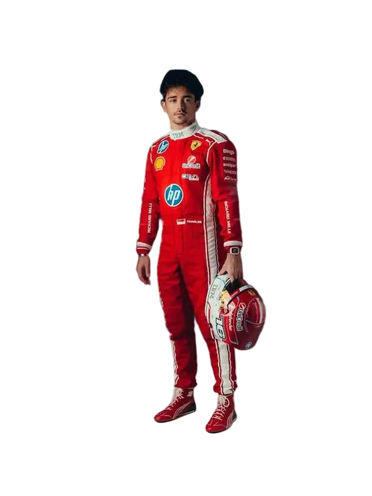 Charles leclerc in a red racing suit holding a helmet with blurred racing background