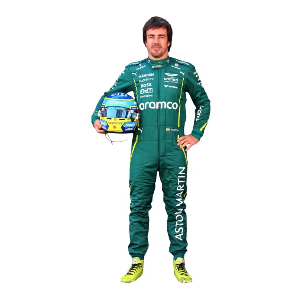 Close-up of Fernando Alonso in the new green and black Aston Martin F1 2025 race suit featuring sponsor logos