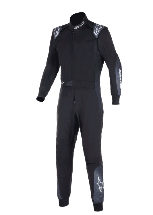 Black racing suit with white logos on a white background
