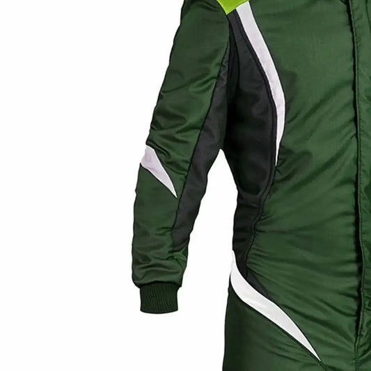 Green racing suit with white accents on a white background