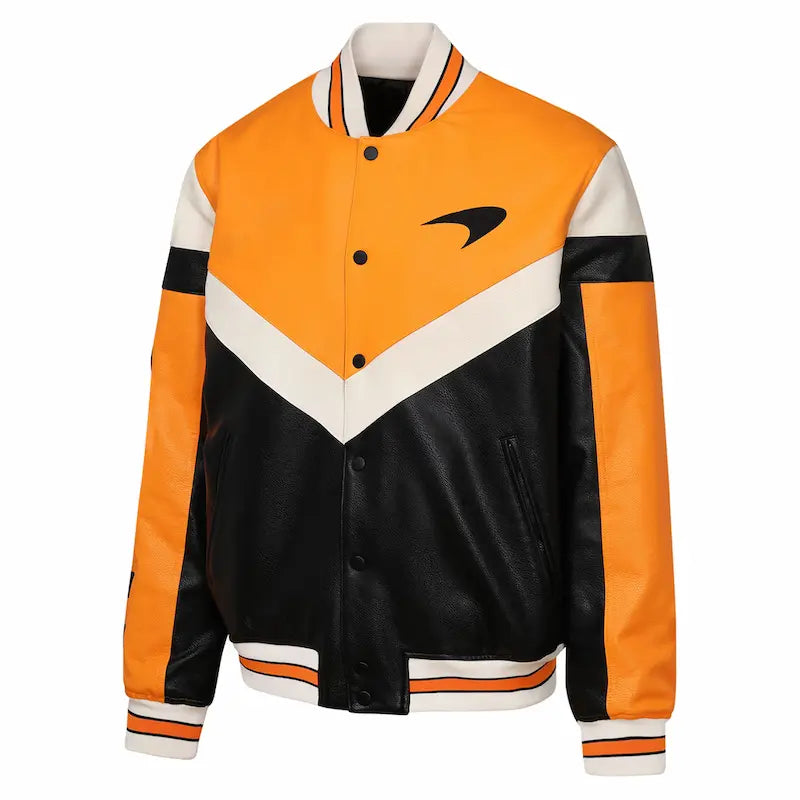 Black McLaren faux leather jacket with red racing accents and sleek design
