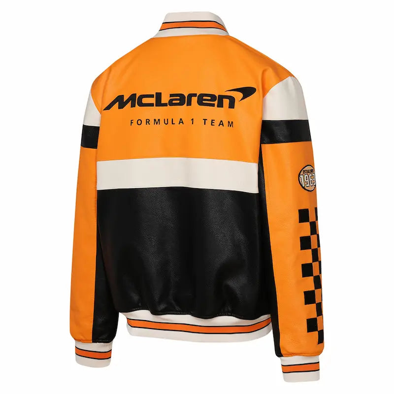 Men’s McLaren-inspired faux leather jacket featuring embroidered logo and zip-up front
