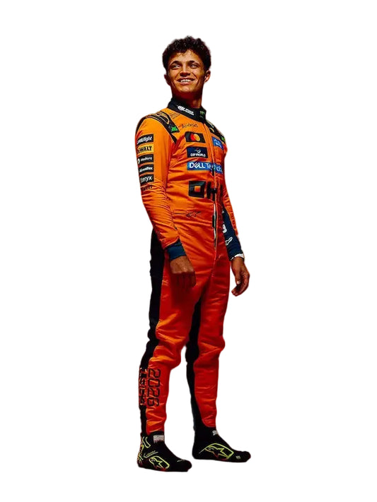 Lando Norris replica race suit presented on a mannequin, showcasing full design