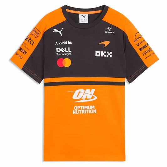 Front view of the two papaya McLaren 2026 team t-shirts from the set.
