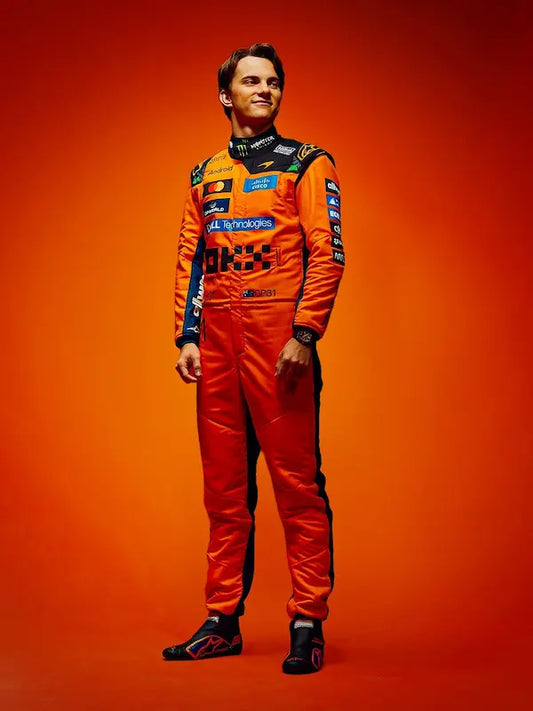 Oscar Piastri replica race suit presented on a mannequin, showcasing full design.