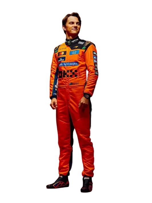 Oscar Piastri replica race suit presented on a mannequin, showcasing full design.