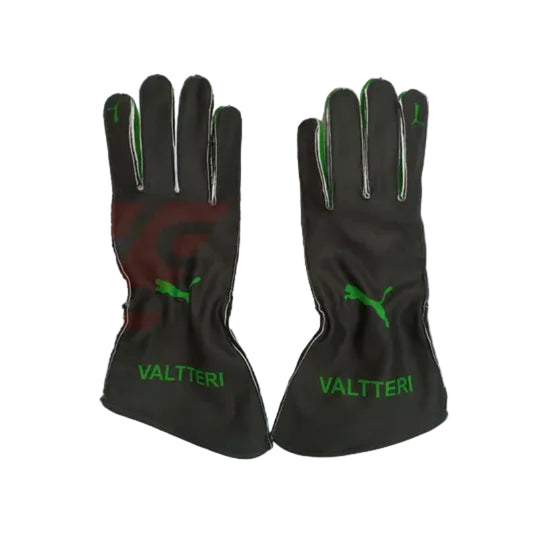 Pair of neon green Sauber replica gloves displayed flat.