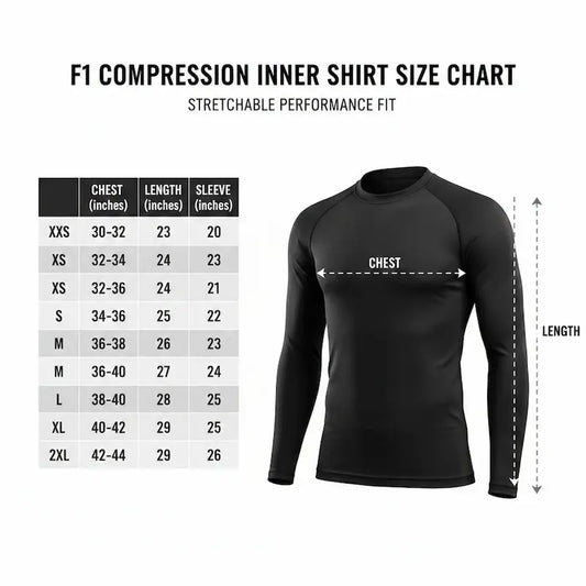 Black compression inner shirt with size chart on a white background