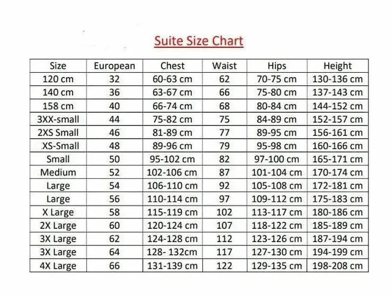 F1 Suite size chart with measurements in centimetres and inches