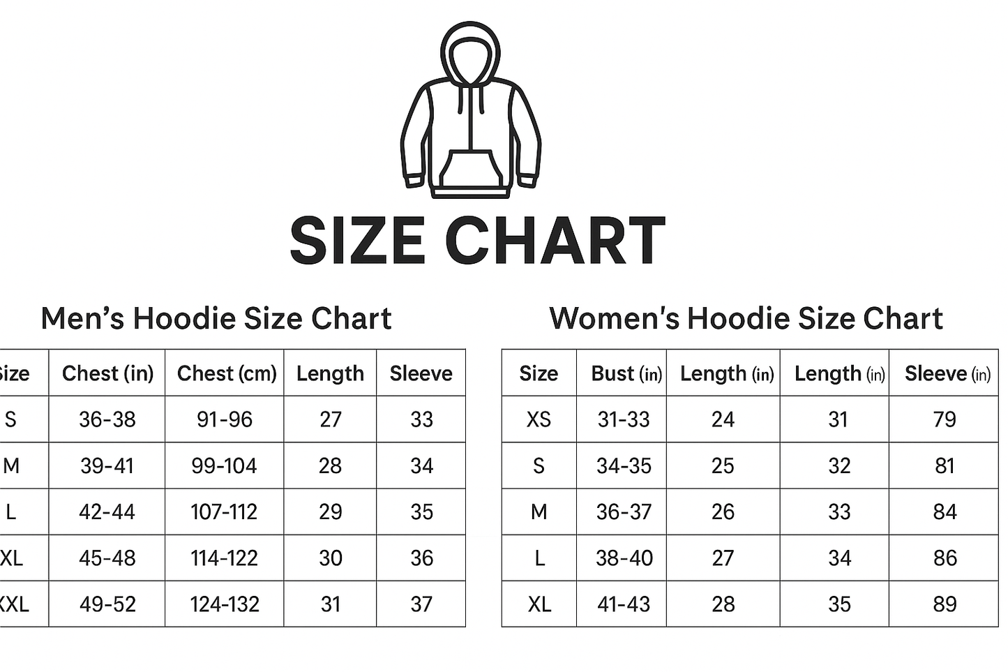 Hoodie size chart for men and women on a white background