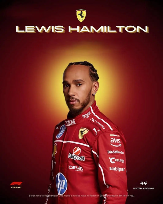 Front view of the 2025 Lewis Hamilton Ferrari F1 replica racing suit, featuring Scuderia Ferrari and sponsor logos