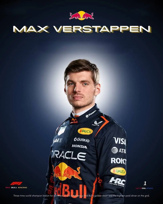 Max Verstappen wearing his 2025 Red Bull Racing Formula 1 suit, featuring bold sponsor logos