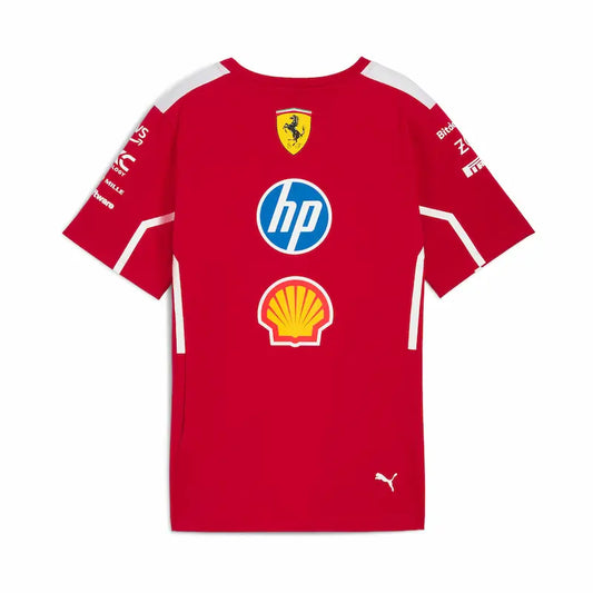 Red sports jersey with various logos on a white background