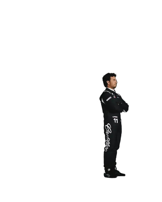 Front view of Sergio Perez Cadillac F1 Team replica suit with team livery.