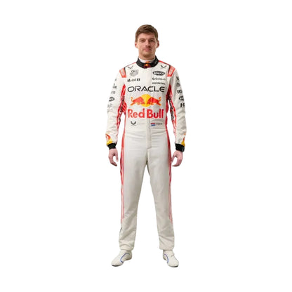 Front view of Max Verstappen 2025 Japanese GP special edition race suit with exclusive Suzuka or Japanese-inspired design.