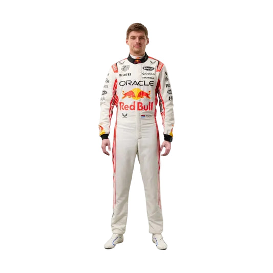 Front view of Max Verstappen 2025 Japanese GP special edition race suit with exclusive Suzuka or Japanese-inspired design.