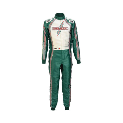 Front view of the Tony Kart Replica Racing Suit with full official branding and logo placement.
