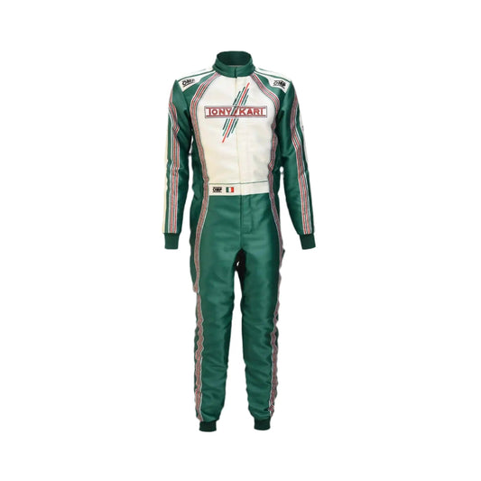 Front view of the Tony Kart Replica Racing Suit with full official branding and logo placement.
