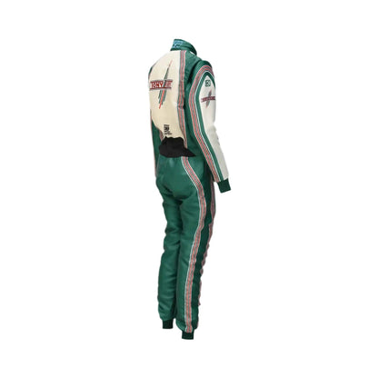Side angle displaying the ergonomic fit and professional design of the karting suit.