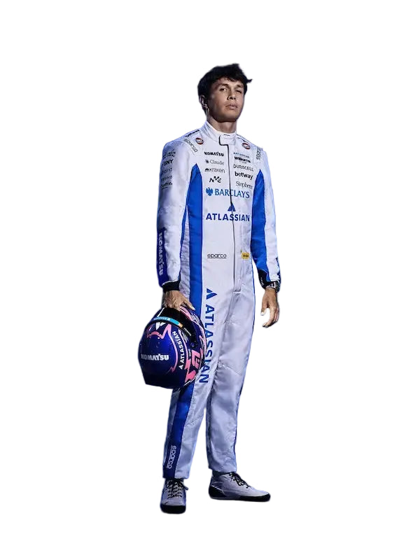 Person wearing a racing suit holding a helmet against a blue background