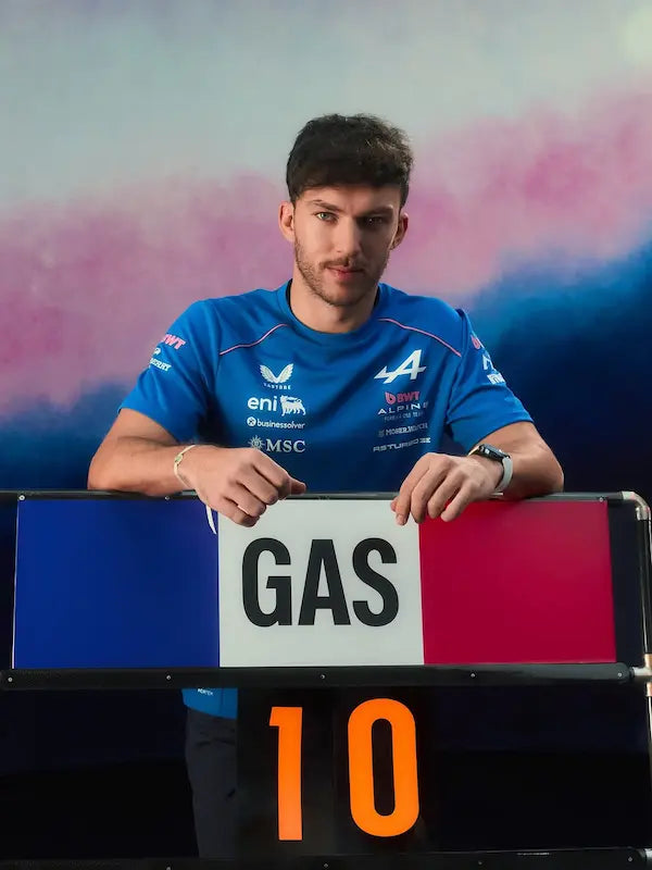 Close-up detail of Pierre Gasly name and number 10 printed on the shirt.