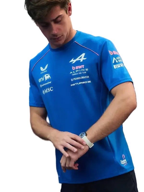 T-shirt laid flat, showcasing the full 2026 Alpine team and driver design