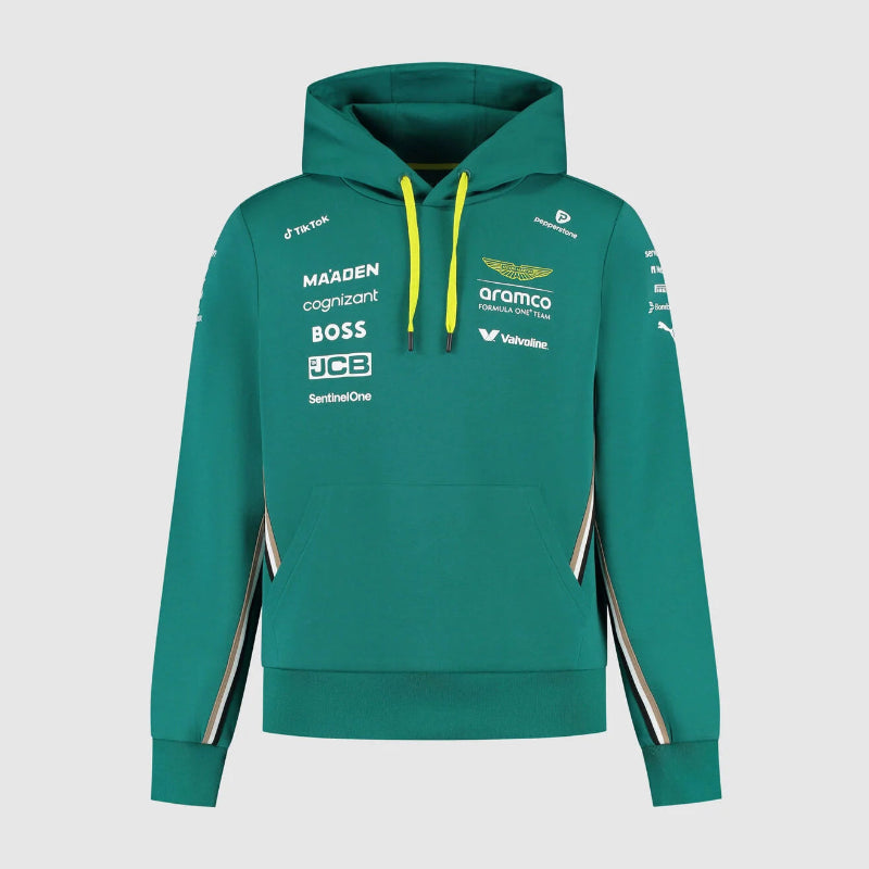 Front view of the official Aston Martin F1 2025 replica hoodie showing BOSS stripe and logos.