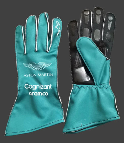 Front view of Aston Martin F1 2025 replica gloves with green and lime team colors.