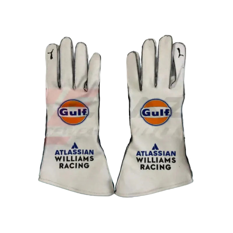 Front view of 2025 Williams Racing replica gloves showing Atlassian logo and finger grip detail.
