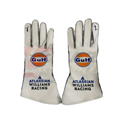 Front view of 2025 Williams Racing replica gloves showing Atlassian logo and finger grip detail.