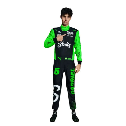 Gabriel Bortoleto wearing the 2025 Kick Sauber F1 Team replica racing suit, featuring green and black team colors