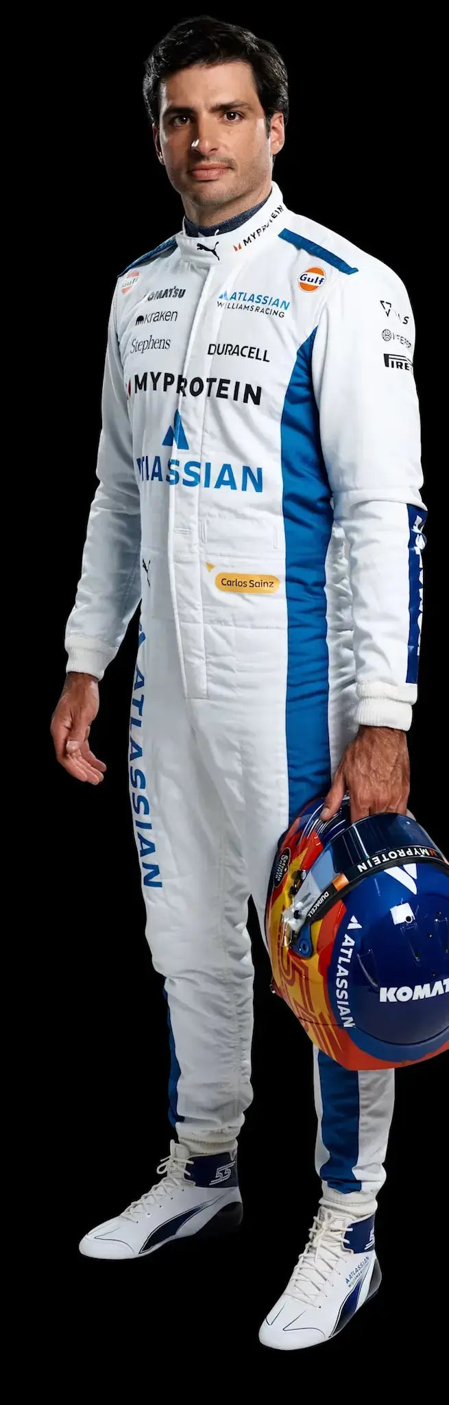 Carlos Sainz posing in the new 2025 Williams F1 Team suit, representing Spain as driver #55
