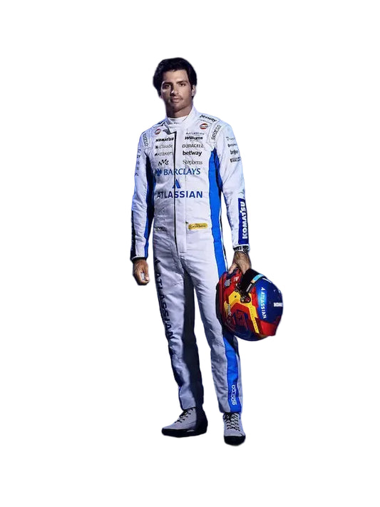 Front view of Carlos Sainz Atlassian Williams 2026 replica suit with team livery.