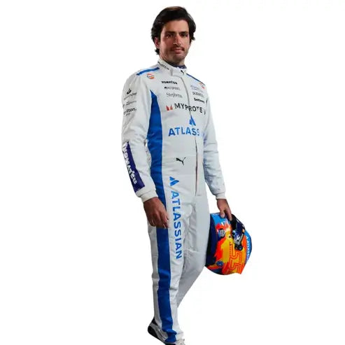 Close-up of Carlos Sainz in his 2025 Williams F1 uniform, showcasing team colors and his #55 designation