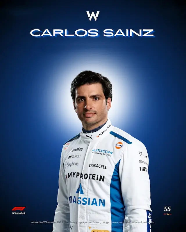 Front view of Carlos Sainz Williams Racing 2025 replica race suit with full Duracell and KrakenGPT branding.