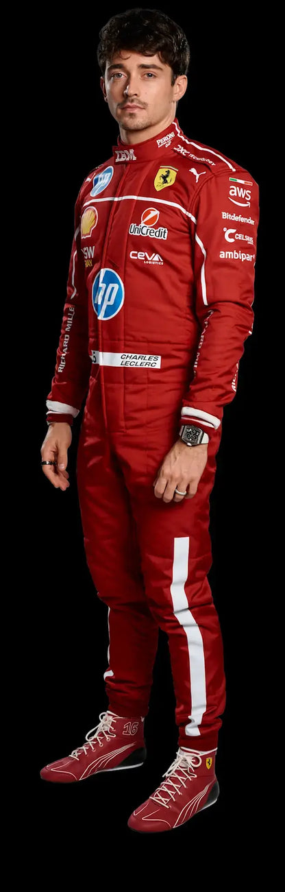 Full-body image of Charles Leclerc modeling the 2025 Ferrari F1 replica racewear, standing against a neutral background