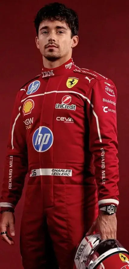 Front view of Charles Leclerc posing confidently in the Ferrari F1 2025 official replica race suit