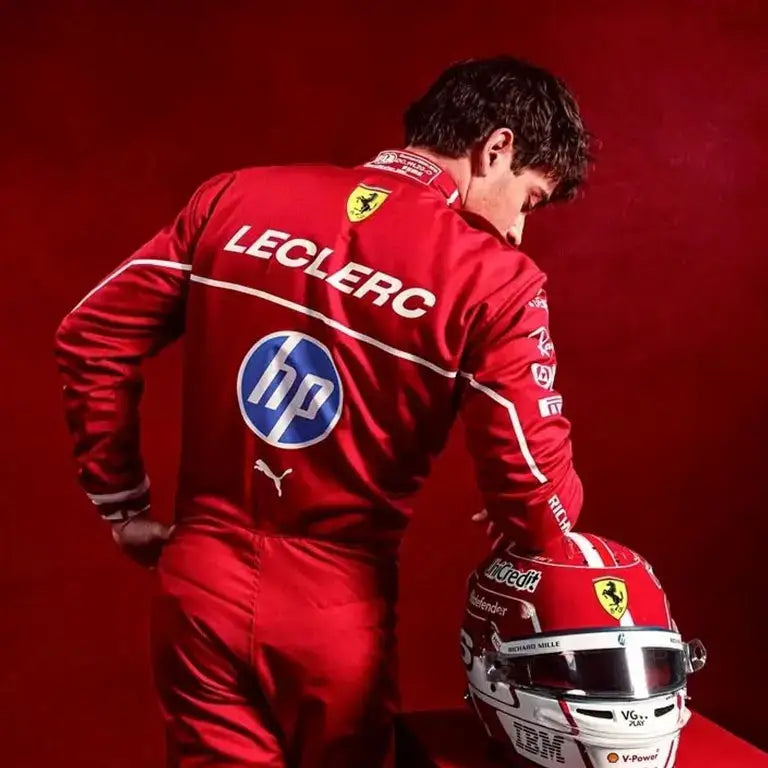 BACK view of Charles Leclerc posing confidently in the Ferrari F1 2025 official replica race suit