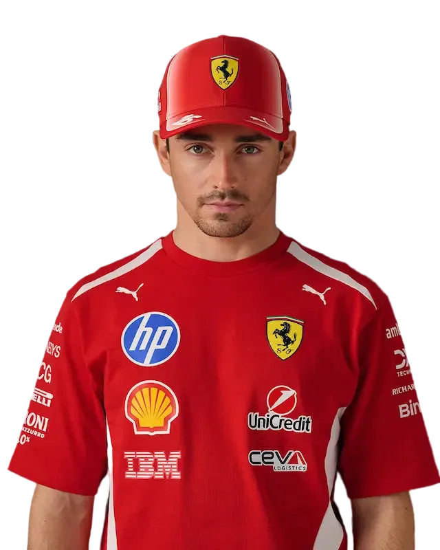 Front view of Charles Leclerc 2026 Ferrari replica t-shirt with Scuderia Ferrari and Leclerc branding.