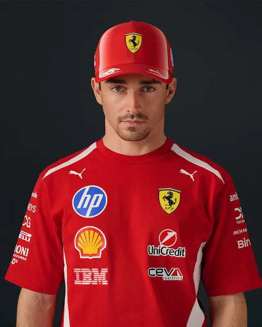 Front view of Charles Leclerc 2026 Ferrari replica t-shirt with Scuderia Ferrari and Leclerc branding.