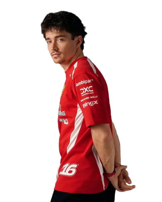 Close-up detail of the #16 and Leclerc name printed on Ferrari red fabric.