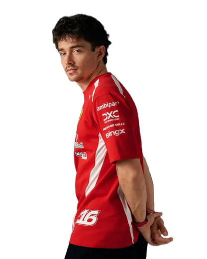 Close-up detail of the #16 and Leclerc name printed on Ferrari red fabric.