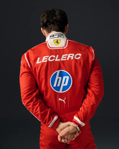 Back view showing Leclerc name, number 16, and iconic Ferrari team logos for the 2026 season