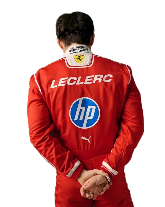 Back view showing Leclerc name, number 16, and iconic Ferrari team logos for the 2026 season