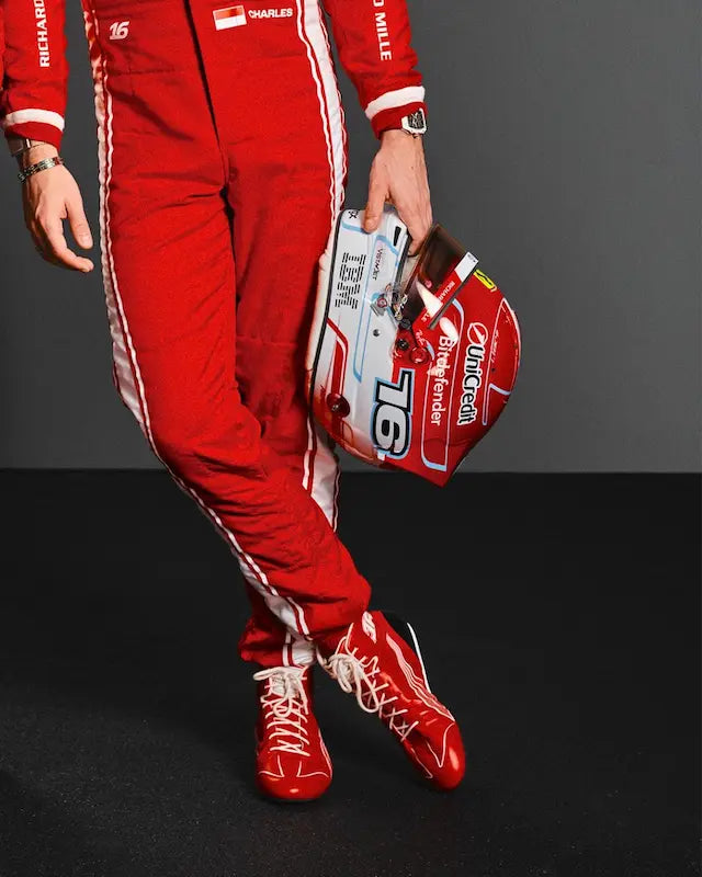 Close-up detail of Ferrari HP, Shell, and Santander sponsor logos with permanent sublimation print.