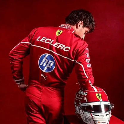 Back view showing Leclerc name, number 16, and iconic Ferrari team logos.