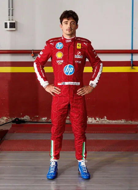 Front view of the 2025 Charles Leclerc Monza Grand Prix F1 replica racing suit in Ferrari red, featuring Scuderia Ferrari and sponsor logos including Shell, Santander, and Pirelli.