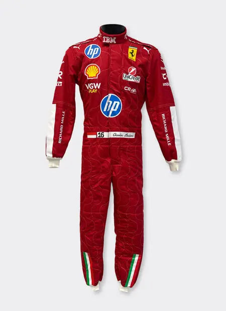 Front view of the 2025 Charles Leclerc Monza Grand Prix F1 replica racing suit in Ferrari red, featuring Scuderia Ferrari and sponsor logos including Shell, Santander, and Pirelli.